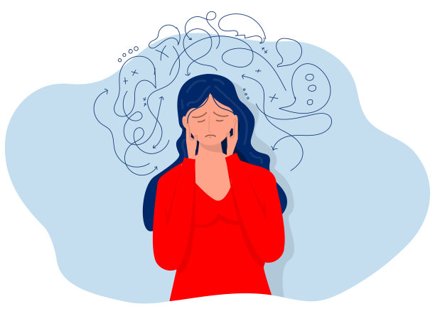 woaman面部表情概念。女孩头痛或焦虑发作危机，焦虑、恐惧、愤怒、疲惫等诸多情绪精神紊乱和混乱平矢插画图片下载