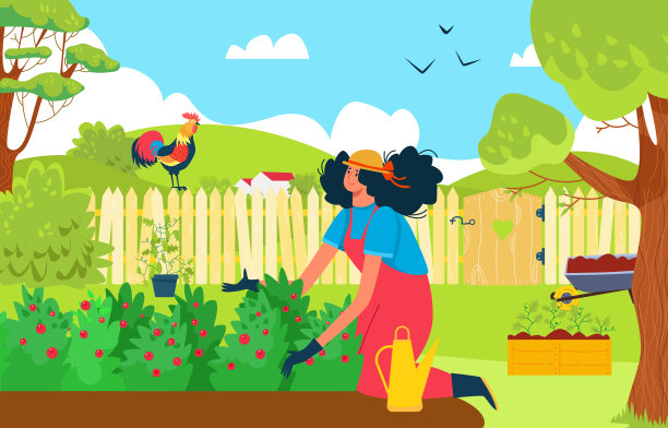 开朗的女性性格农民劳动个人农业种花，乡村房屋户外家居处平坦矢量插图。图片下载
