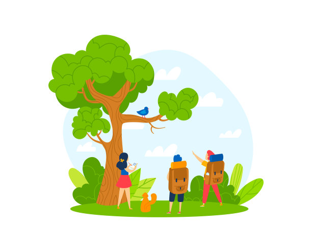 夏天远足大自然，快乐的女孩男孩孩子看鸟，矢量插画。教育活动在散步，可爱的孩子在户外发现性格图片下载