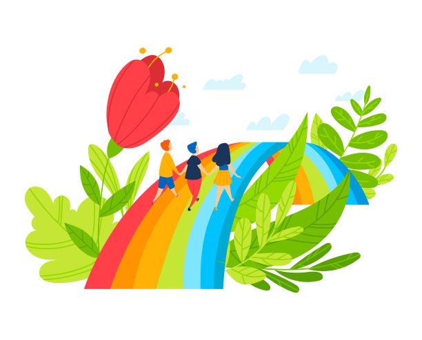 小朋友以彩虹自然路为背景，快乐男孩女孩五颜六色的想象概念，矢量插画。朋友群有有趣的设计图片下载