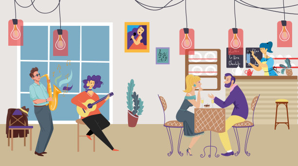 独立音乐组合表演一起弹吉他唱歌，可爱浪漫的晚餐情侣在舒适的餐厅平矢插画。图片下载