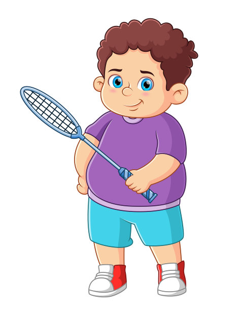 快乐的胖男孩玩训练羽毛球图片下载