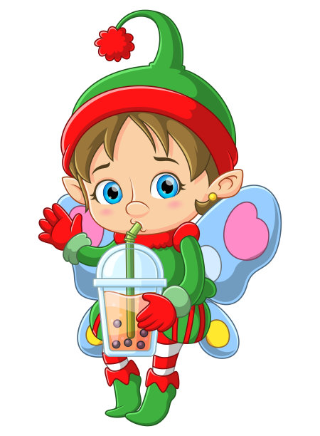 可爱的小精灵拿着奶茶喝着图片下载