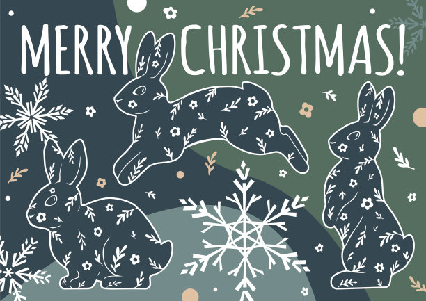 圣诞快乐横横幅，上面有兔子、雪花和杉树树枝。现代平面插画。图片下载