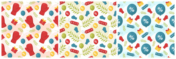 节礼日销售无缝图案设计与手套和礼品盒推广或购物模板手绘卡通平面插图图片下载