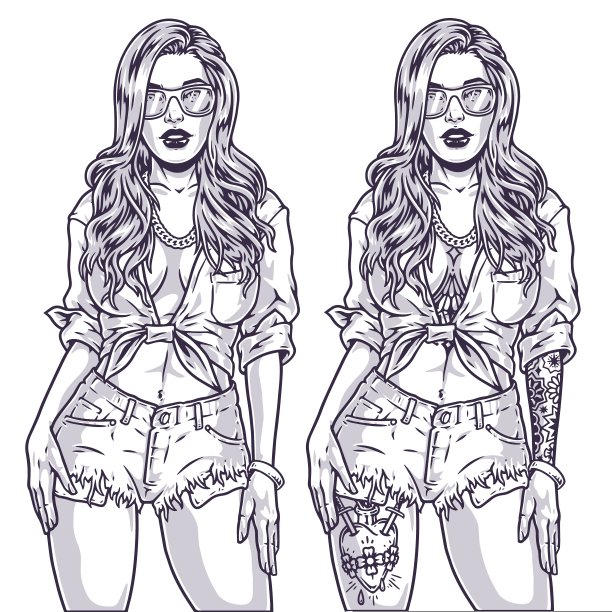 火辣的都市女孩单色素描图片下载