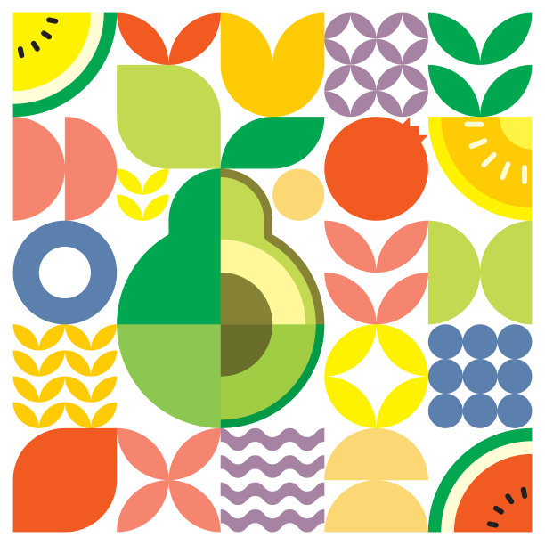 几何夏天新鲜水果切艺术海报与色彩斑斓的简单形状。斯堪的纳维亚风格的平面抽象矢量图案设计。白色背景上的绿色鳄梨的极简插画。图片下载