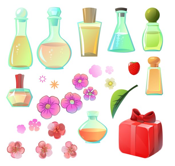 设置香水和气味对象。玻璃容器内的芳香液体。男女香氛。孤立的白色背景。向量。图片下载