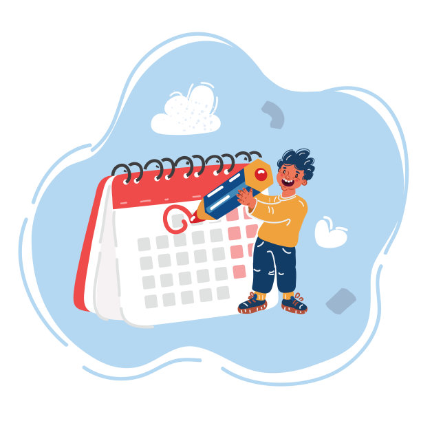 男孩看着日历并标记日期的矢量插图。图片下载