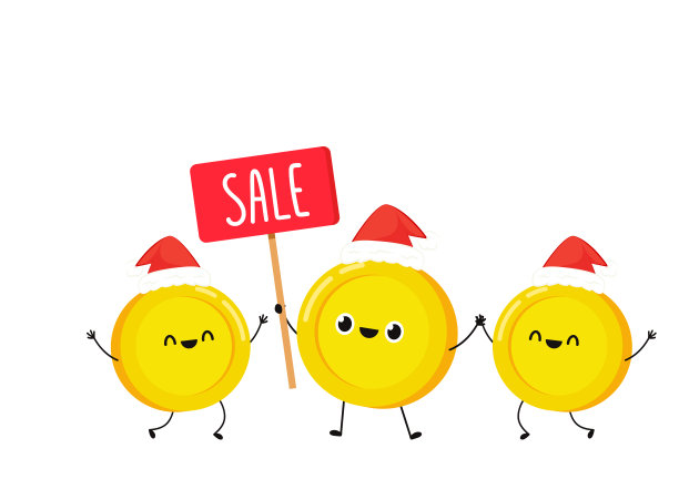 可爱的金币人物。白色背景上孤立的硬币卡通人物。售罄标志。图片下载