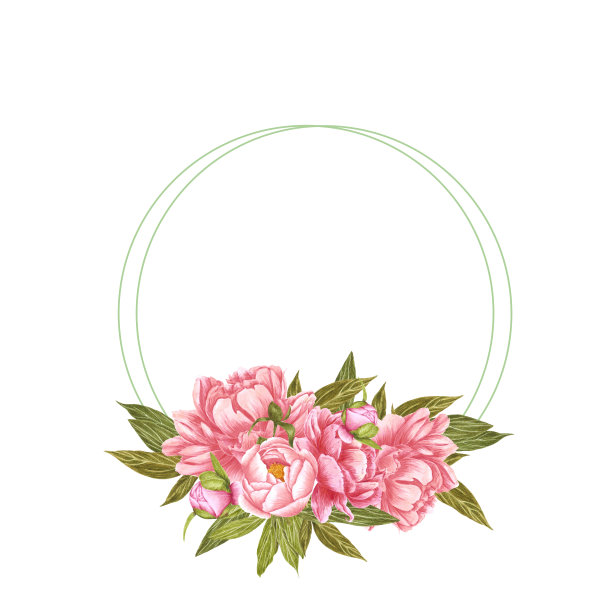 手绘水彩画粉色牡丹花框与绿色的叶和芽在白色的背景。剪贴簿设计，婚礼请帖，标签，横幅，明信片。图片下载