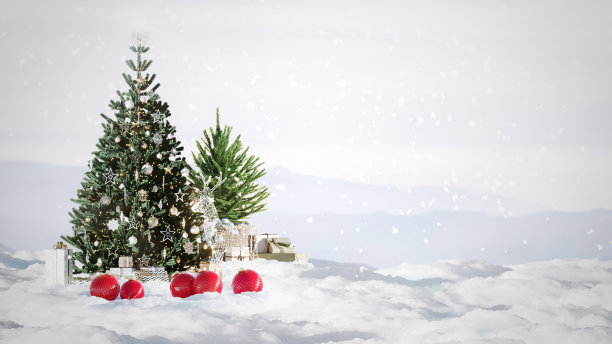 在雪冬季节装饰圣诞树和礼品盒。三维渲染图片下载