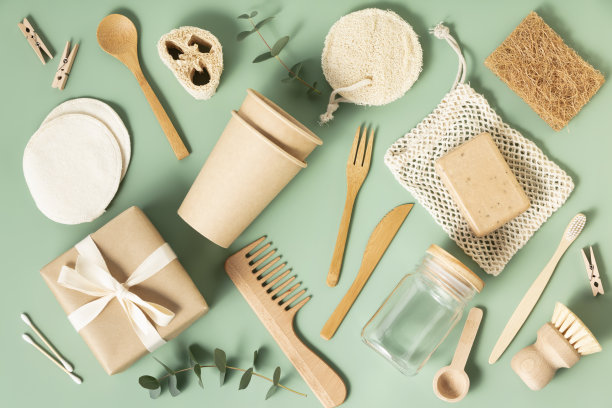 粉彩绿色背景的环保餐具及清洁产品，平铺止塑料污染图片下载