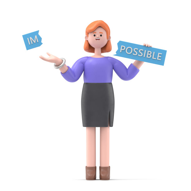 欧洲女商人艾伦微笑着打破一块写着“不可能”的板子，得到了“可能”这个词。白色背景的3D渲染。图片下载