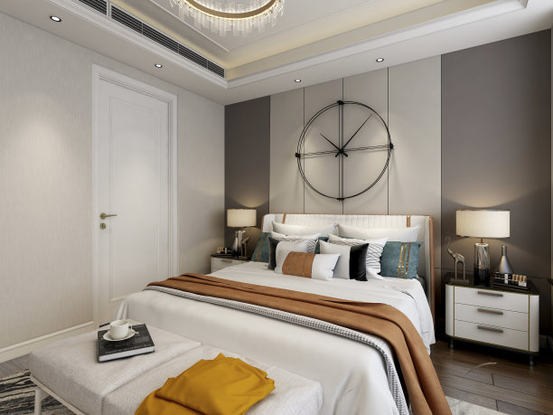 3D渲染，优雅现代的卧室设计，大床配大衣柜、茶几、电视、地毯等，非常舒适休闲。图片下载