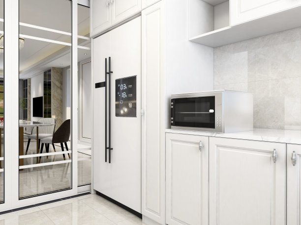 3D渲染，现代家庭厨房设计，新的橱柜和厨房用具与冰箱，阳光从窗户。图片下载