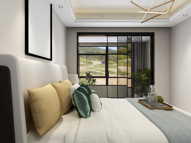 3D渲染，优雅现代的卧室设计，大床配大衣柜、茶几、电视、地毯等，非常舒适休闲。图片下载