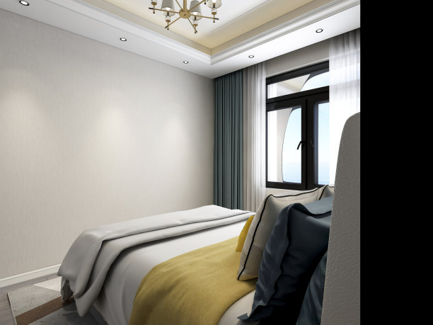 3D渲染，优雅现代的卧室设计，大床配大衣柜、茶几、电视、地毯等，非常舒适休闲。图片下载