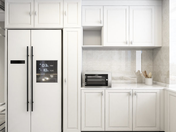 3D渲染，现代家庭厨房设计，新的橱柜和厨房用具与冰箱，阳光从窗户。图片下载