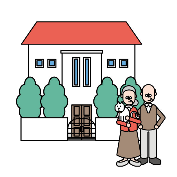 一个简单的房子，一对老夫妇和一只宠物猫(R型)插画图片下载