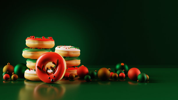 成堆的圣诞甜甜圈在深绿色的背景。三维渲染图片下载