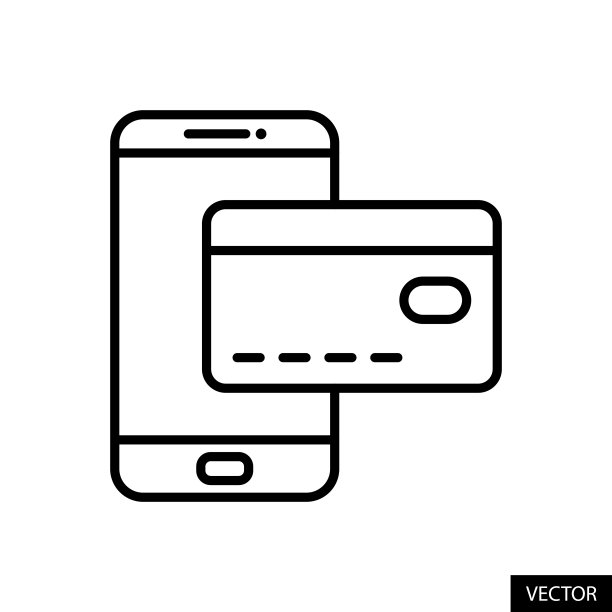 智能手机与信用卡、借记卡、支付、在线手机银行概念矢量图标在线条风格设计中孤立在白色背景上。可编辑的中风。图片下载