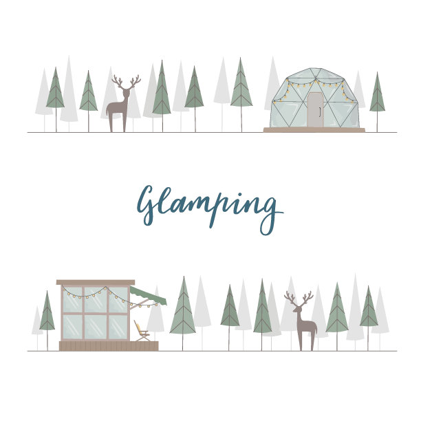 概念矢量森林与野鹿，豪华别墅。木质，玻璃小屋，泡泡方便乡村生活。图片下载