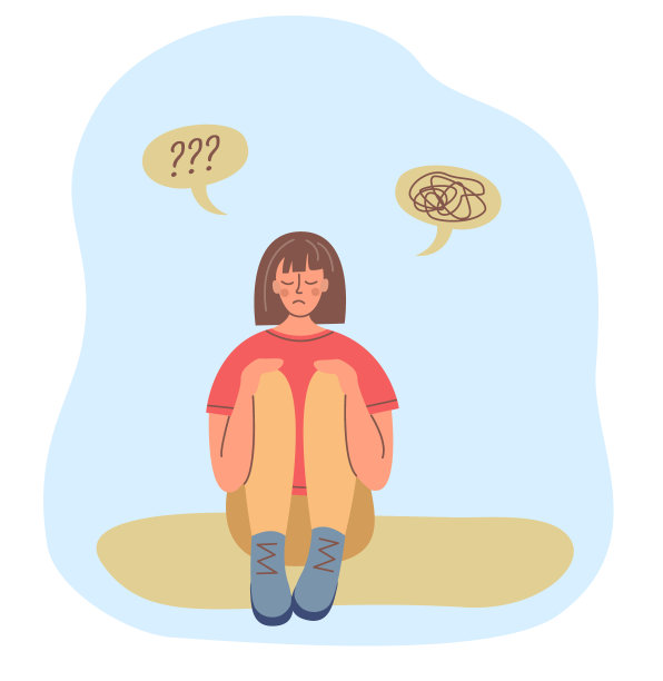 心理学，心理，健康的概念。一个脑子里充满困惑和很多问题的女孩。图片下载