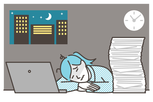 年轻的女办公室职员加班到深夜，躺在办公室的桌子上(人的矢量图)。图片下载