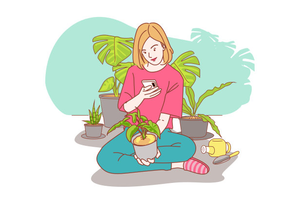 快乐的女人用手机拍照宣传树木。图片下载