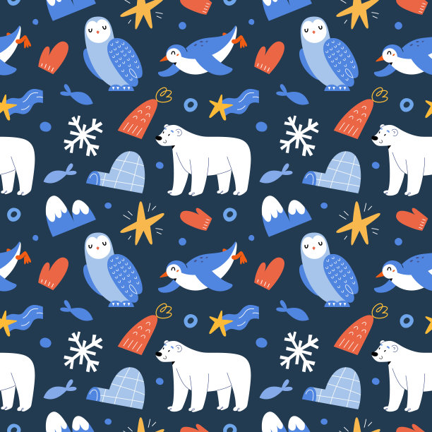 北方动物印花，可爱的北极熊，雪鸮和可爱的企鹅，北极哺乳动物插图，无缝的矢量图案图片下载