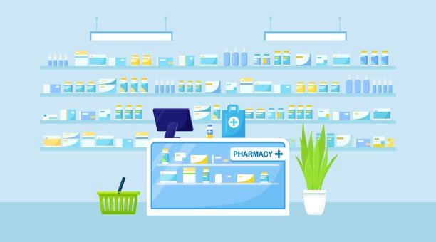 药房内部有柜台和货架上的药品。现代药店。图片下载