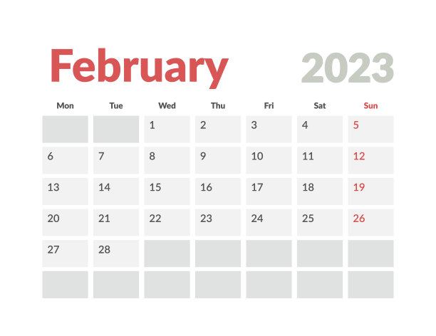 2023年2月日历模板，留有注释的地方。矢量布局简单日历与周开始星期一。图片下载
