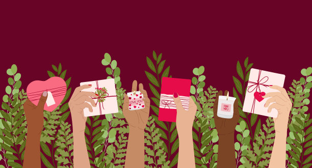 情人节垂直贺卡上有蜡烛、手、礼品盒和文字祝福。情人节快乐海报，请柬。零浪费的环保礼物。手绘矢量插图。图片下载