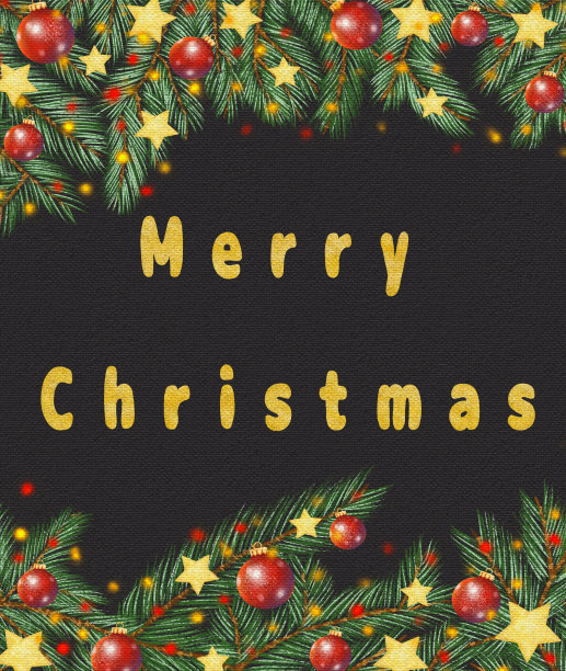 横幅与黑色帆布效果，插图与圣诞树花环，松枝，星星，灯，玩具和装饰，节日模板图片下载