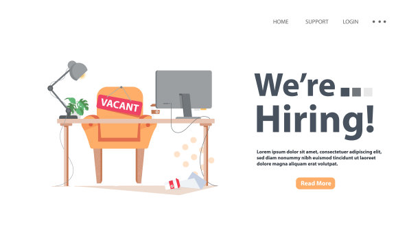 我们正在招聘公告网页上的空缺标志在空的办公椅上。企业招聘设计理念。矢量图图片下载