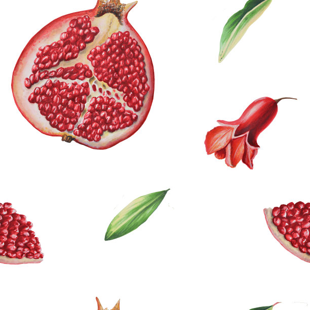 水彩无缝图案与成熟的石榴半切与叶和花。手绘真实可口的石榴红色水果孤立图片下载