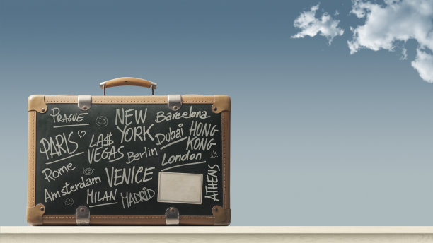 带有旅游目的地的复古行李箱图片下载