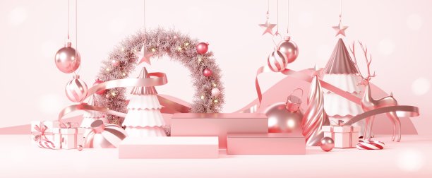 圣诞背景与讲台舞台平台在最小的新年活动主题。圣诞场景为产品展示模拟横幅。圣诞冬季场景中的空看台基座装饰。3 d渲染。图片下载