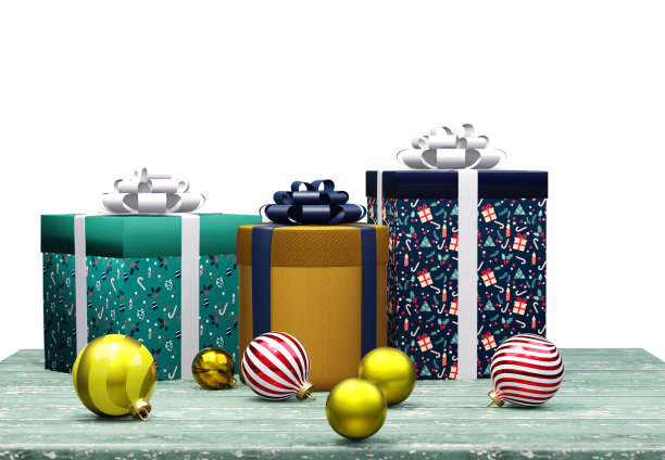 礼品盒和圣诞装饰。寒假，平安夜插画，3D渲染。图片下载