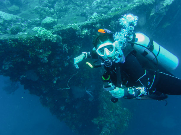 沉船和女潜水员图片下载