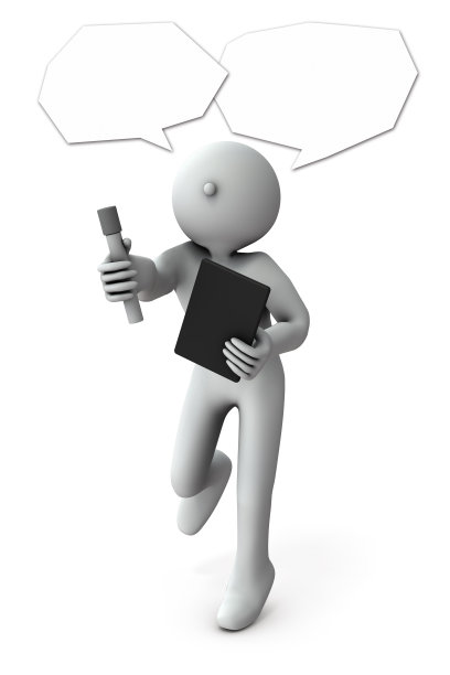 跟踪并采访被采访者的采访者。把麦克风对准目标。一个接一个地提问。左手拿着采访材料。白色背景。3 d渲染。图片下载