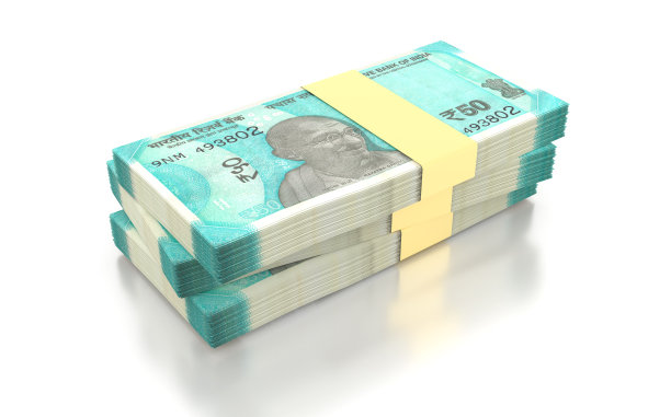 印度卢比50货币钞票束隔离在白色背景- 3D插图渲染图片下载