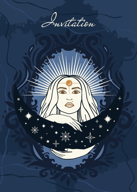 手绘的剪影神秘女子卡片与太阳，月亮，星星在直线艺术。精神抽象的年轻女子，女性的概念。神奇的收藏品，神秘的护身符。矢量素描集插图图片下载