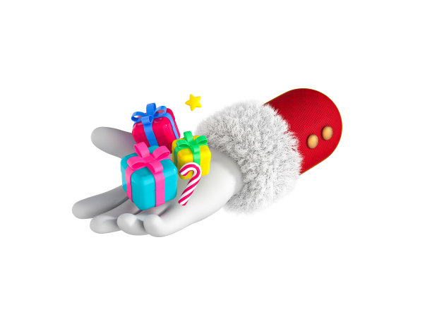 3D圣诞老人手赠送礼盒和拐杖糖。圣诞快乐，新年惊喜。节日元素。圣诞礼物。卡通创意设计图标孤立在白色背景。三维渲染图片下载