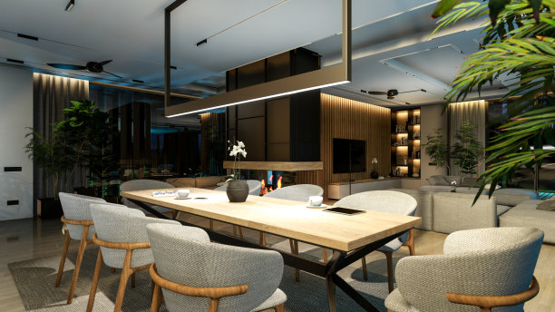 三维渲染的现代舒适的室内，在晚上有客厅，餐厅，楼梯和厨房图片下载