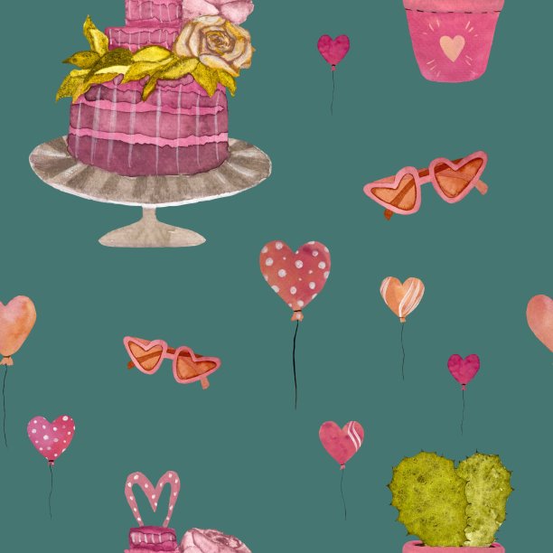 蛋糕仙人掌气球图案绿松石水彩图片下载