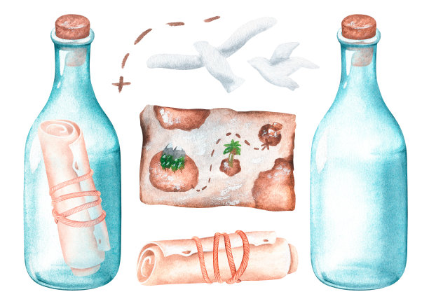 海盗把信装在瓶子里。水彩插图。孤立在白色背景上。图片下载