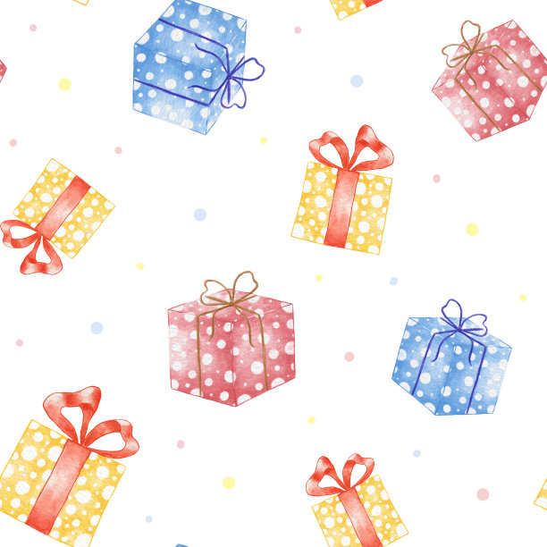 水彩礼盒无缝图案。带丝带和蝴蝶结的圣诞礼品盒。红色，黄色和蓝色的盒子。图片下载