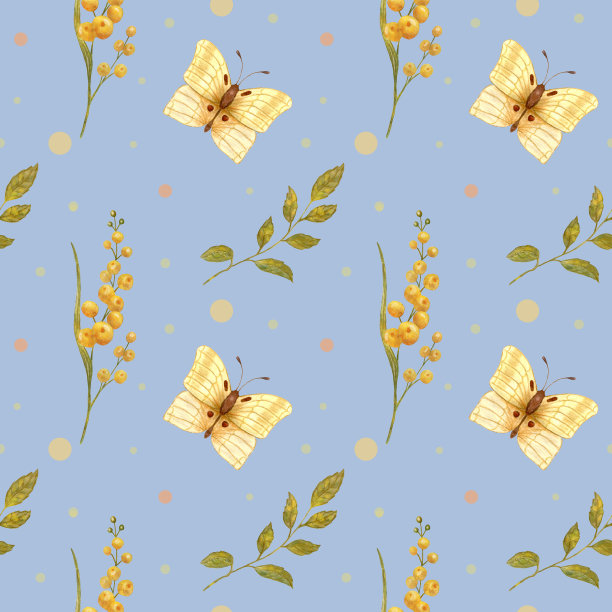 水彩图案与蝴蝶和草地花。无缝模式与黄色的花朵和秋天的黄色蝴蝶在柔和的蓝色背景。图片下载